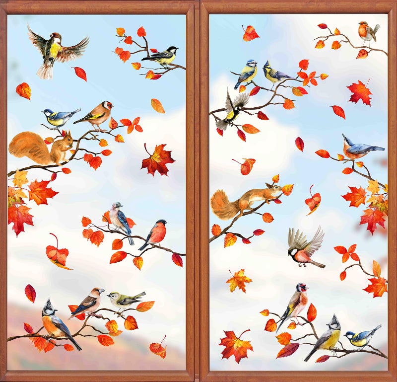 Whaline 9 Sheets Fall Thanksgiving Window Cling Bird Branch Leaves Window Sticker Colorful Double-Sided Window Decal for Autumn Holidays Thanksgiving Harvest School Home Party Decor  7.9 x 11.8 Inch - Image 1