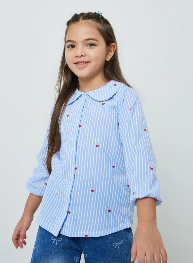 Styli Girls Blue Heart Striped Cotton Shirt