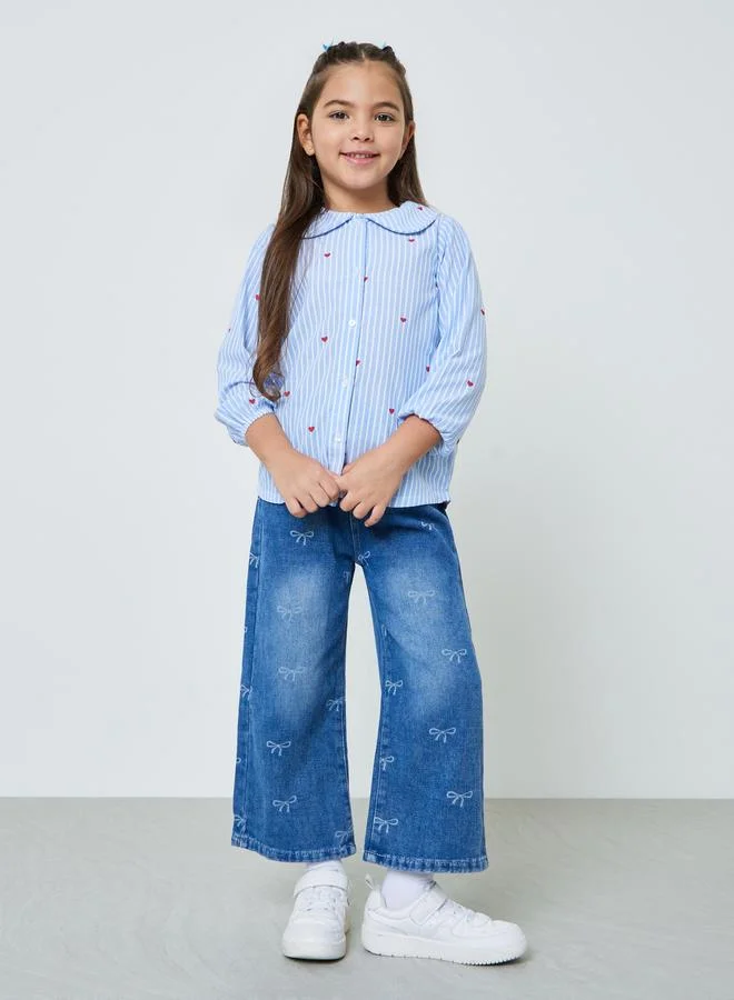 Styli Girls Blue Heart Striped Cotton Shirt