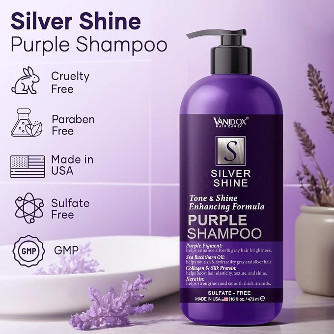 VANIDOX Sulfate Free Purple Shampoo for Grey and Silver Hair, Purple Shampoo with Purple Pigment to Give a Copper Tone, Purple Shampoo for Grey Hair for Women (16 fl oz) - Image 2