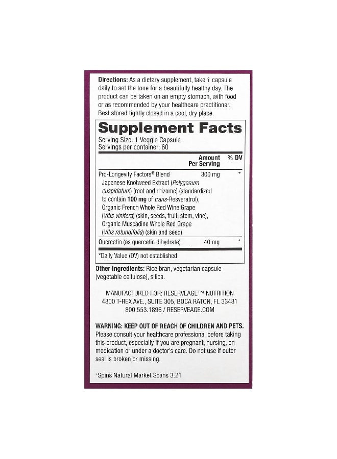 Reserveage Beauty Reserveage Beauty, Resveratrol, 100 mg, 60 Veggie Capsules  - Image 2