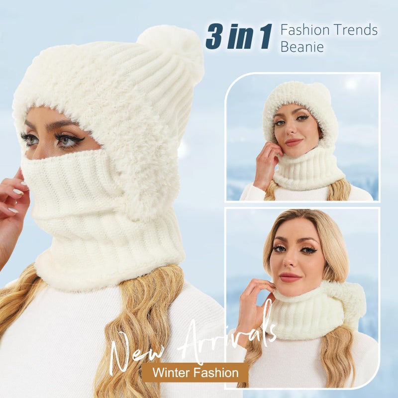 Sumolux 3 in 1 Beanie Hats for Women Fleece Lined Scarf and Mask Outdoors Windproof Knitted Ski Mask Set White - Image 4