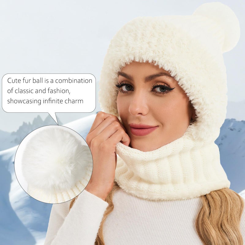 Sumolux 3 in 1 Beanie Hats for Women Fleece Lined Scarf and Mask Outdoors Windproof Knitted Ski Mask Set White - Image 3
