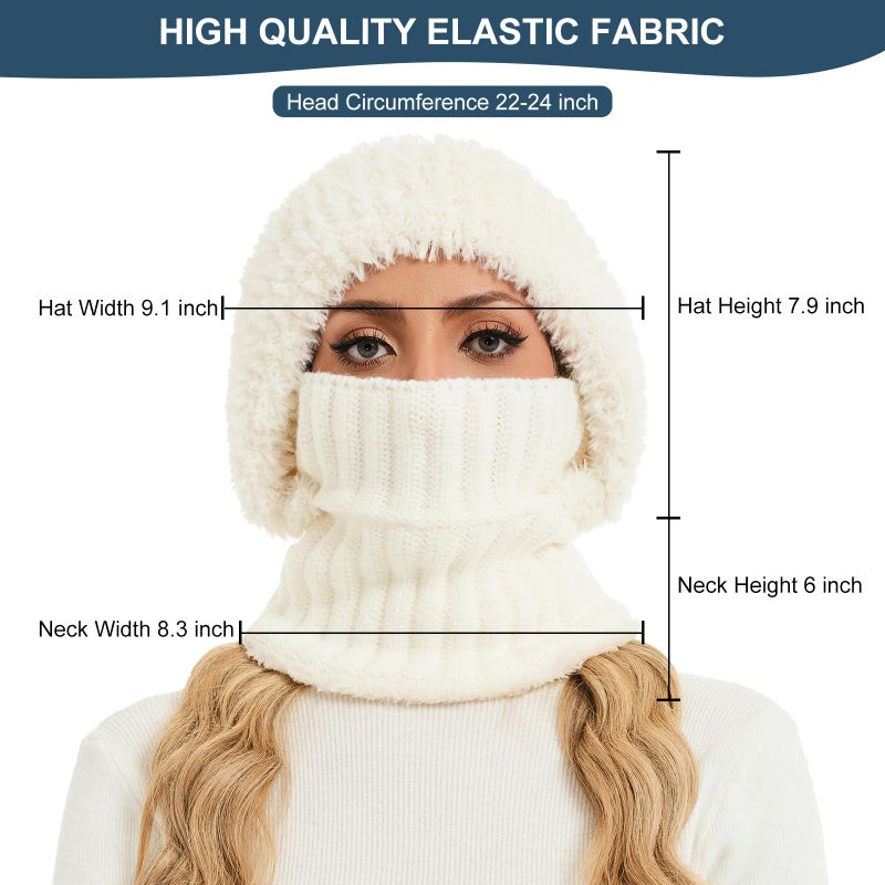 Sumolux 3 in 1 Beanie Hats for Women Fleece Lined Scarf and Mask Outdoors Windproof Knitted Ski Mask Set White - Image 5