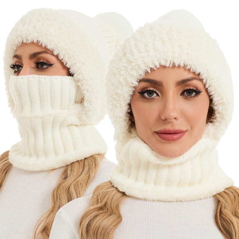 Sumolux 3 in 1 Beanie Hats for Women Fleece Lined Scarf and Mask Outdoors Windproof Knitted Ski Mask Set White - Image 1