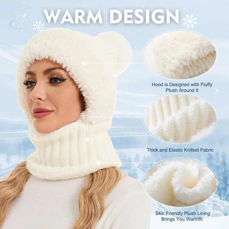 Sumolux 3 in 1 Beanie Hats for Women Fleece Lined Scarf and Mask Outdoors Windproof Knitted Ski Mask Set White - Image 2