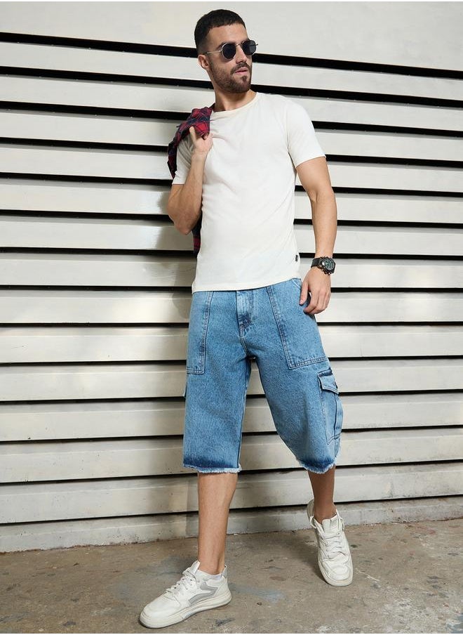 HIGH STAR Men's Indigo 100% Cotton Solid Knee Length Denim Cargo Relaxed Shorts  - Image 1