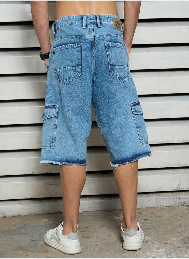 HIGH STAR Men's Indigo 100% Cotton Solid Knee Length Denim Cargo Relaxed Shorts  - Image 5