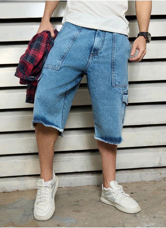 HIGH STAR Men's Indigo 100% Cotton Solid Knee Length Denim Cargo Relaxed Shorts  - Image 3