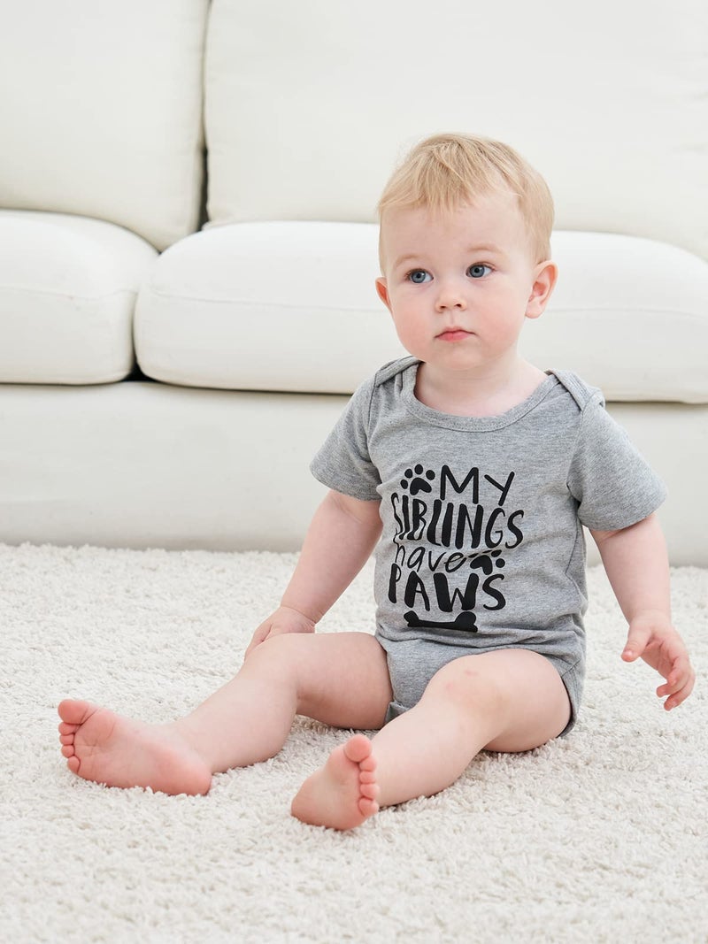 Funnycokid Infant Romper Jumpsuit Clothes My Siblings Have Paws Short Sleeve Bodysuits Cotton, Grey, 70/0-3 Months - Image 3
