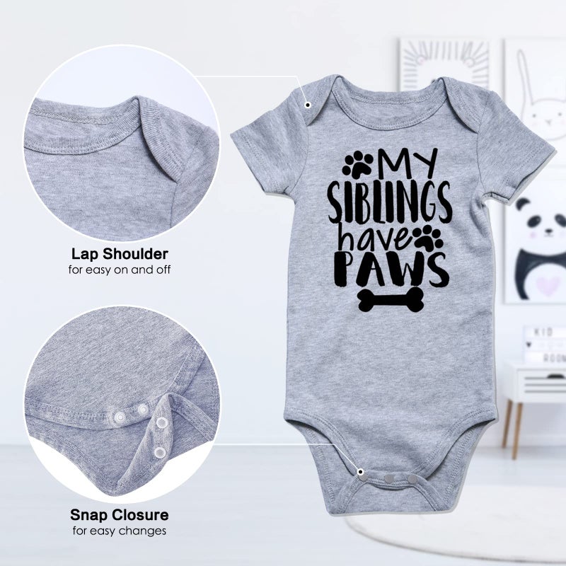 Funnycokid Infant Romper Jumpsuit Clothes My Siblings Have Paws Short Sleeve Bodysuits Cotton, Grey, 70/0-3 Months - Image 5