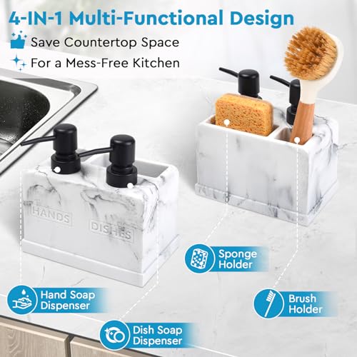 Deobath Kitchen Soap Dispenser Set,with Liquid Hand and Dish Soap,Sponge Holder and Brush Holder 4-in-1 Dual Soap Dispenser Set for Kitchen Sink, Bathroom - Artificial White Marble Look - Image 2