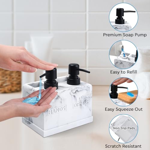 Deobath Kitchen Soap Dispenser Set,with Liquid Hand and Dish Soap,Sponge Holder and Brush Holder 4-in-1 Dual Soap Dispenser Set for Kitchen Sink, Bathroom - Artificial White Marble Look - Image 4