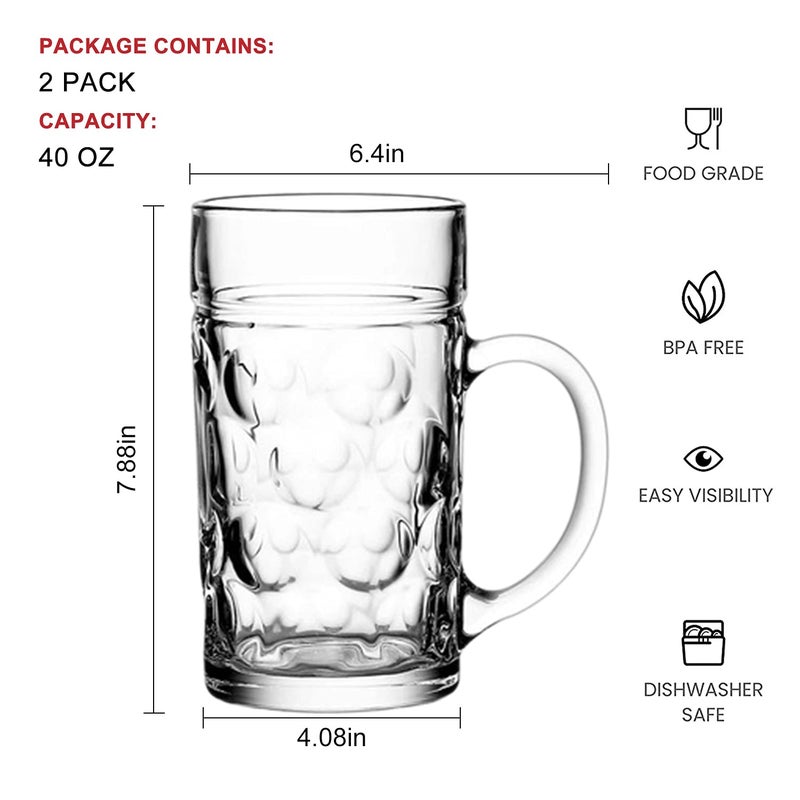Encheng Glass Beer Stein Mugs Jumbo Mugs,German Beer Mug With Handle 1.2Liter,Big Freezable Glass Mug 40oz,Extra Large German Beer Glasses BPA Free,Dishwasher Safe 2 Pack - Image 2