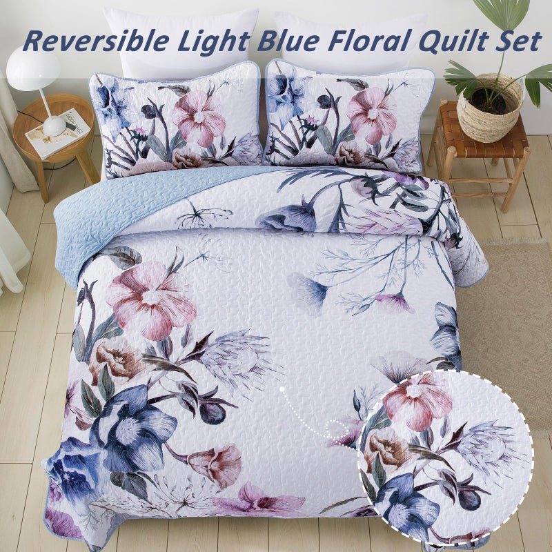 Drucon Floral Quilt Set King 3 Pieces Light Blue Floral Quilt Coverlet Set Soft Microfiber Lightweight Light Blue Quilted Bedspread for All Season 104""x90"" - Image 4