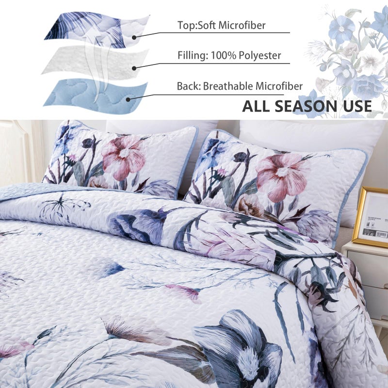Drucon Floral Quilt Set King 3 Pieces Light Blue Floral Quilt Coverlet Set Soft Microfiber Lightweight Light Blue Quilted Bedspread for All Season 104""x90"" - Image 5