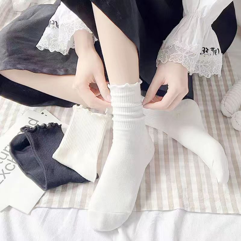 Black White Ruffled Lace Womens Knee-High Socks White  - Image 4