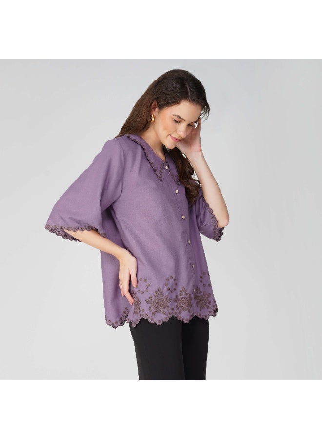 Linelle Soft Crepe Ladies Shirt – Scallop Collar Neck, Flared Half Sleeves and Embroidery Detailing - Image 4