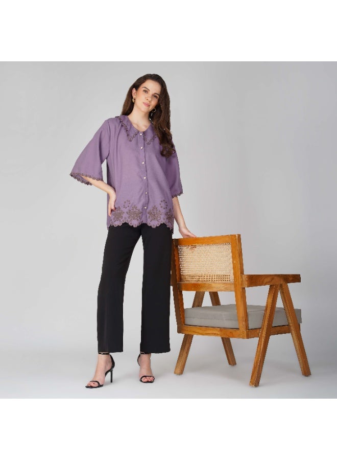 Linelle Soft Crepe Ladies Shirt – Scallop Collar Neck, Flared Half Sleeves and Embroidery Detailing - Image 1