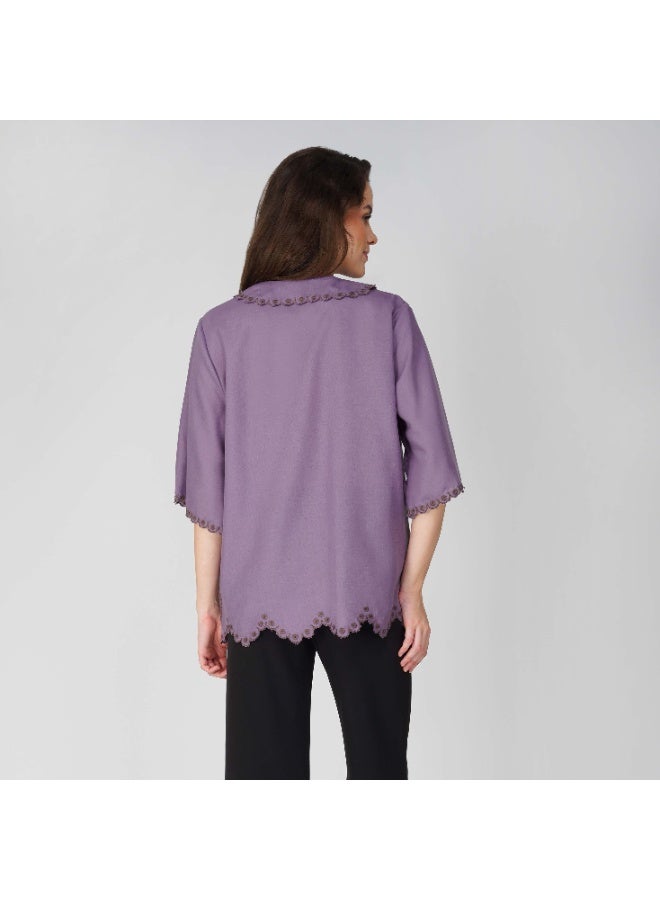 Linelle Soft Crepe Ladies Shirt – Scallop Collar Neck, Flared Half Sleeves and Embroidery Detailing - Image 2