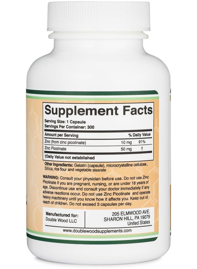 Double Wood Supplements Zinc Picolinate 50mg, 300 Capsules (Immune Support for Kids and Adults) Non-GMO, Gluten Free, Made in The USA (300 Day Supply) by Double Wood Supplements  - Image 2
