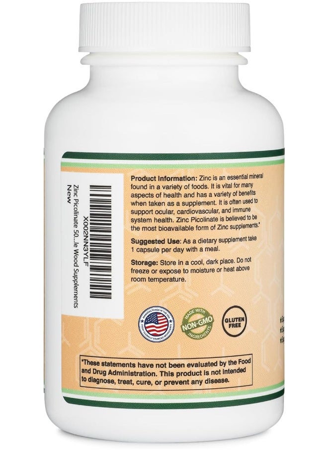 Double Wood Supplements Zinc Picolinate 50mg, 300 Capsules (Immune Support for Kids and Adults) Non-GMO, Gluten Free, Made in The USA (300 Day Supply) by Double Wood Supplements  - Image 3