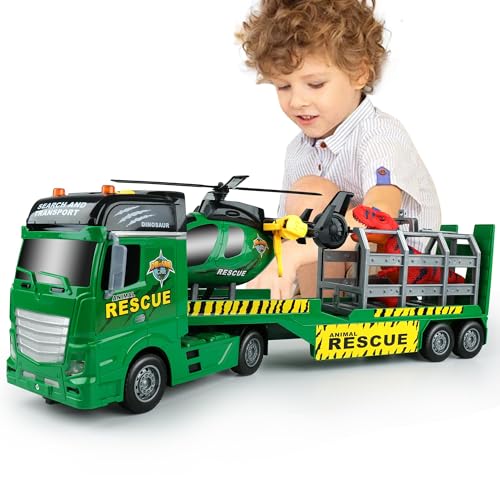Dwi Dowellin Carrier Truck Kids Toys256 Semi Truck Toy with Helicopter and DinosaursGifts for Age 3 4 5 6 Years Old Boys Girls - Image 1