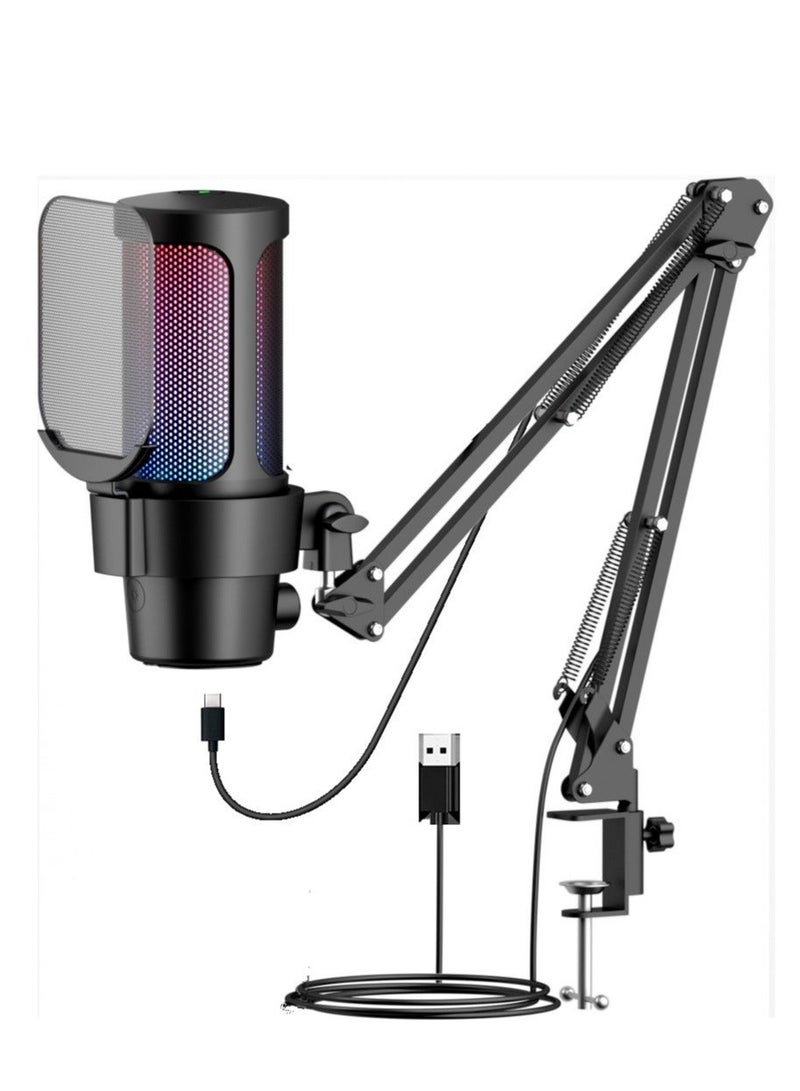 Furtey Gaming PC USB Microphone Podcast Condenser Mic with Boom Arm Pop Filter Mute Button for Streaming Twitch Online Chat RGB Computer Mic for PS4/5 PC Gamer Youtuber - Image 1