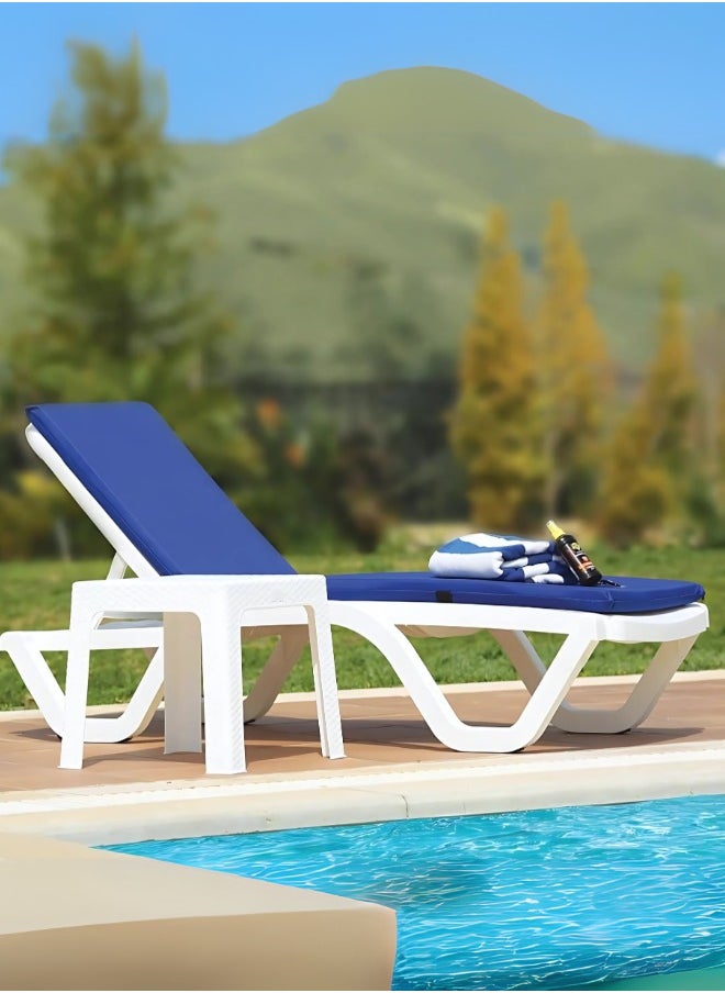 Marcolo Sun Lounger with Wheels| Heavy-Duty Plastic | Armless, All-Weather, UV-Resistant, Ergonomic Reclining Chair for Outdoor Use at Beaches, Pools, and Resorts, White (Armless With Blue Cushion)  - Image 2