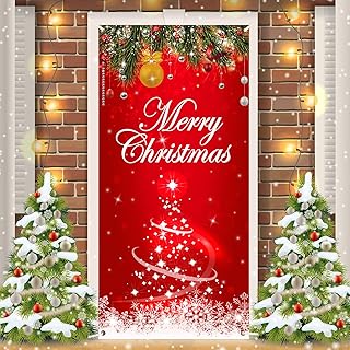 Tevxj Merry Christmas Door Cover Red Christmas Door Decorations Xmas Backdrop Door Banner Photography Background for - Image 1