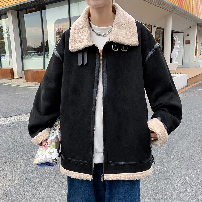 Cashmere Jacket Mens Winter Korean-style Harajuku Style Loose Trendy Brand ins Simple All-match Lapel Cotton-padded Coat Cardigan Black  - Image 1