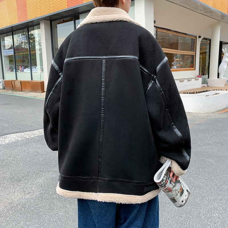 Cashmere Jacket Mens Winter Korean-style Harajuku Style Loose Trendy Brand ins Simple All-match Lapel Cotton-padded Coat Cardigan Black  - Image 5