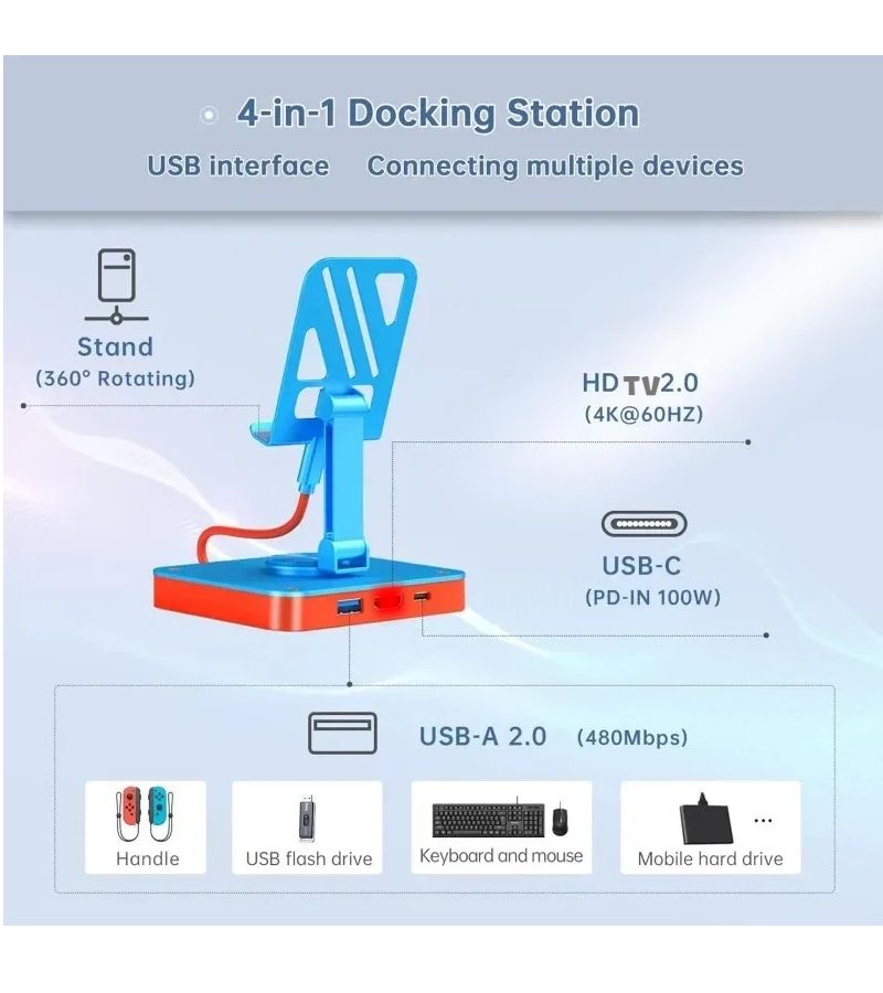 USB C Stand Docking Station Folding Holder for Tablet Phone with 4K HDTV PD 100W USB 2 0 Ports Compatible with iPad Pro Air iPhone 15 Switch Mac Red Blue - Image 2