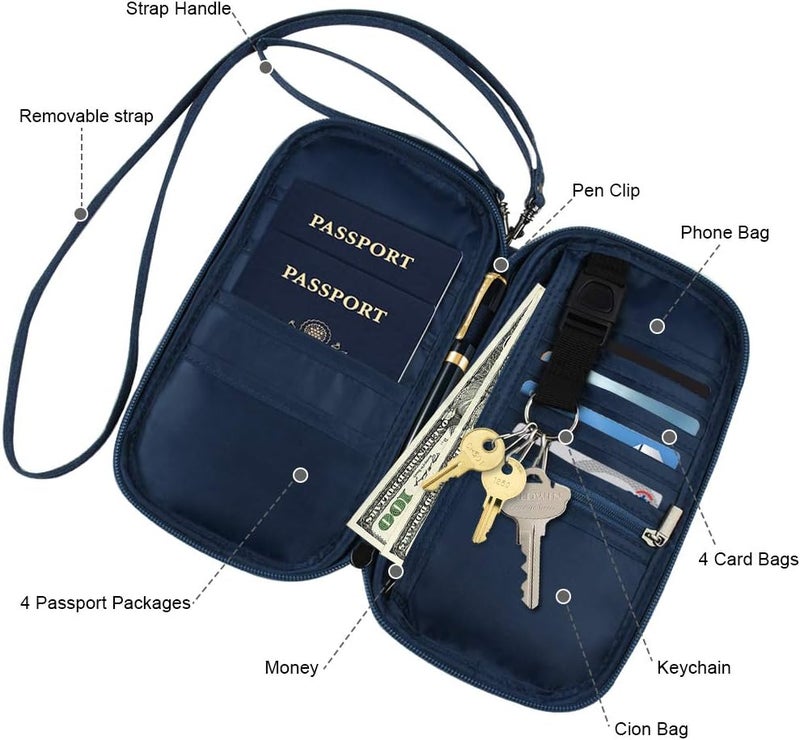 homchen RFID Passport Wallet with Vaccine Card Slot, Family Travel Passport Holder Document Organizer Bag with Wrist & Neck Double Strap - Image 3