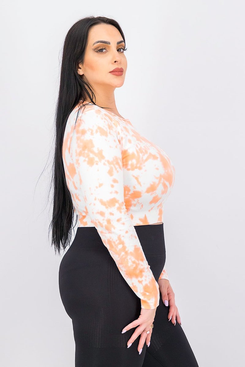 XOXO Women Tie Dye Long Sleeve Crop Top, White and Orange - Image 2