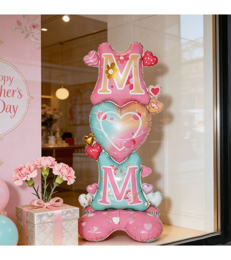 MOM Heart Shaped Foil Balloon with Base Mother's Day Party Decoration Durable Gift - Image 1