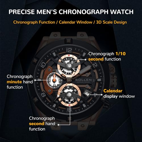 SOLLEN Men's Chronograph Watch, Analog Quartz Watches for Men, Fashion Sport Wrist Watches with Silicon Strap, 30M Waterproof Casual Dress Work Watch with Calendar, Skeleton Watches Gifts for Men - Image 4