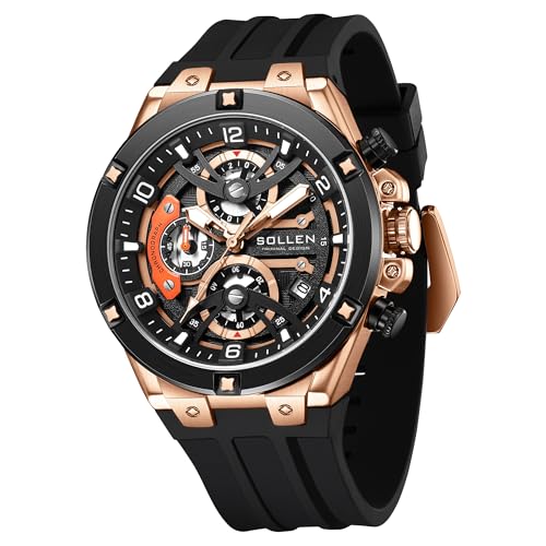 SOLLEN Men's Chronograph Watch, Analog Quartz Watches for Men, Fashion Sport Wrist Watches with Silicon Strap, 30M Waterproof Casual Dress Work Watch with Calendar, Skeleton Watches Gifts for Men - Image 1