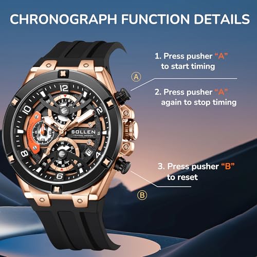 SOLLEN Men's Chronograph Watch, Analog Quartz Watches for Men, Fashion Sport Wrist Watches with Silicon Strap, 30M Waterproof Casual Dress Work Watch with Calendar, Skeleton Watches Gifts for Men - Image 5