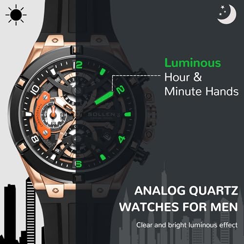 SOLLEN Men's Chronograph Watch, Analog Quartz Watches for Men, Fashion Sport Wrist Watches with Silicon Strap, 30M Waterproof Casual Dress Work Watch with Calendar, Skeleton Watches Gifts for Men - Image 3