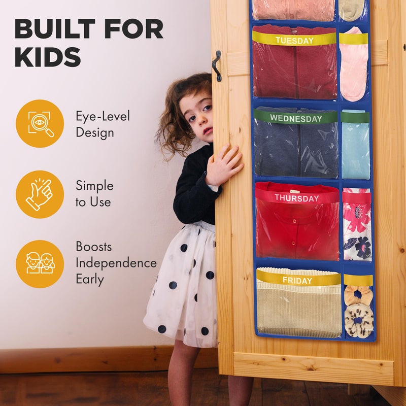 Handy Laundry Over the Door Weekly Clothes Organizer - 5 Shelf Hanging Closet Storage with Day of the Week Labels - Weekly Clothes Organizer For Kids - Space-Saving Over Door or Wall Hanging Organizer (Blue) - Image 5