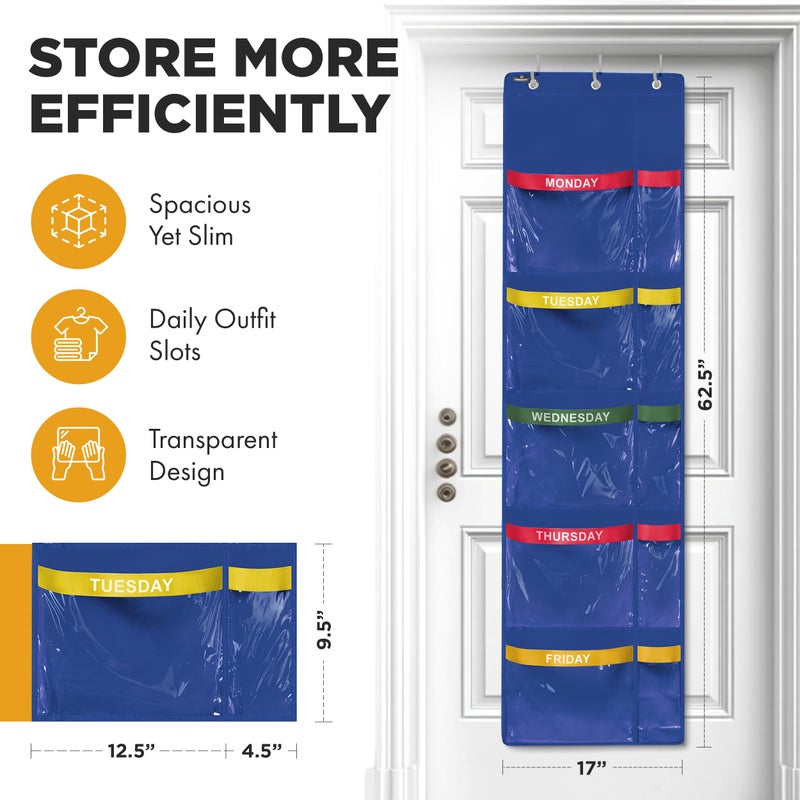 Handy Laundry Over the Door Weekly Clothes Organizer - 5 Shelf Hanging Closet Storage with Day of the Week Labels - Weekly Clothes Organizer For Kids - Space-Saving Over Door or Wall Hanging Organizer (Blue) - Image 2