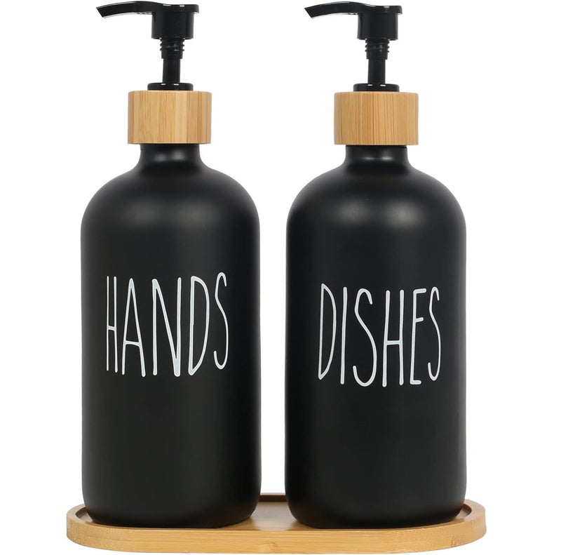 STORE 2508 Store2508 Glass Hands & Dishes Liquid Soap Dispenser Set with Bamboo Tray Black - Image 1