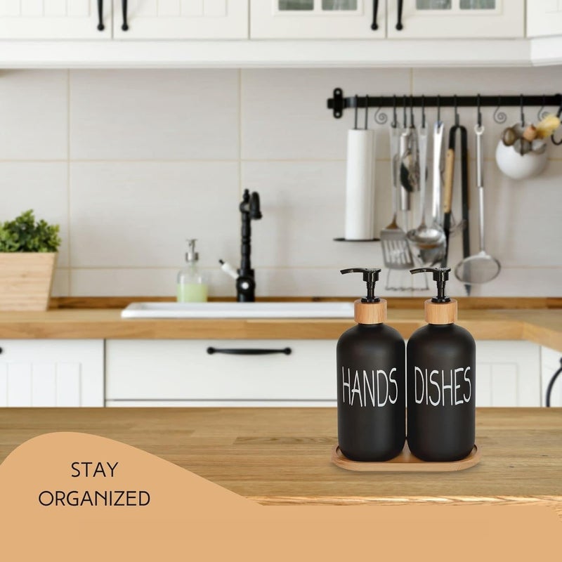 STORE 2508 Store2508 Glass Hands & Dishes Liquid Soap Dispenser Set with Bamboo Tray Black - Image 4