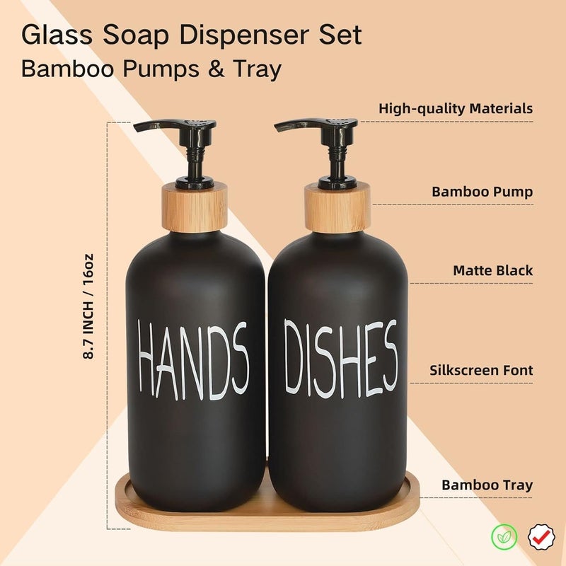 STORE 2508 Store2508 Glass Hands & Dishes Liquid Soap Dispenser Set with Bamboo Tray Black - Image 2