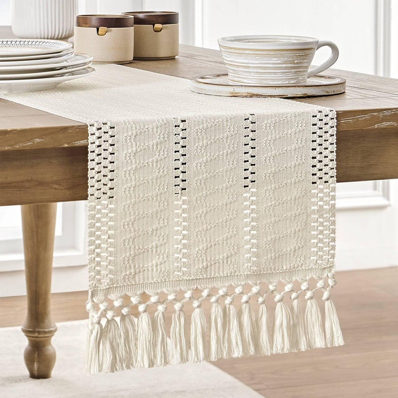 ZeeMart Macrame Style Boho Table Runner, Ivory Table Runners 36 Inches Long, Farmhouse Woven Home Decor, 12x36 Inch, Ivory - Image 1