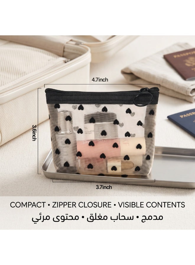 شنط مكياج شبكية صغيرة من ازوني 6 قطع مستحضرات التجميل الشبكية بطباعة قلوب شنطة ادوات الزينة للسفر تخزين بسحاب للنساء مقاس S 3 الوان البوليستر شفاف - Image 3
