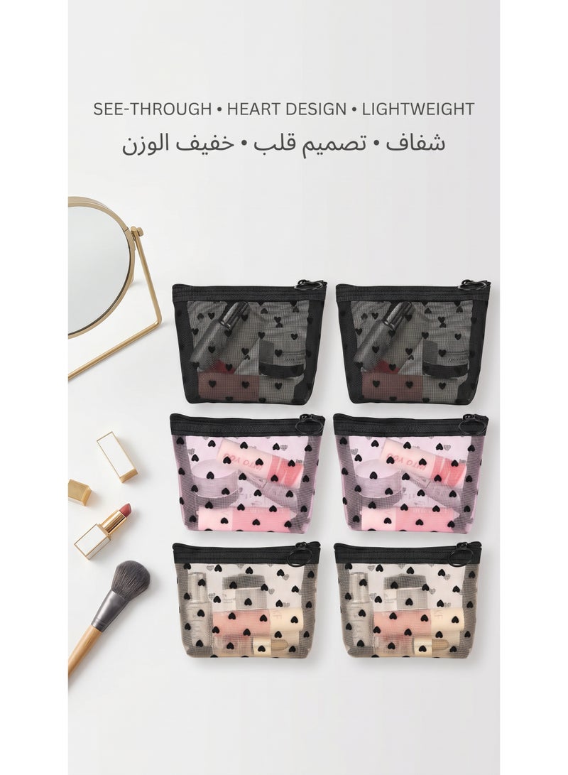 شنط مكياج شبكية صغيرة من ازوني 6 قطع مستحضرات التجميل الشبكية بطباعة قلوب شنطة ادوات الزينة للسفر تخزين بسحاب للنساء مقاس S 3 الوان البوليستر شفاف - Image 2