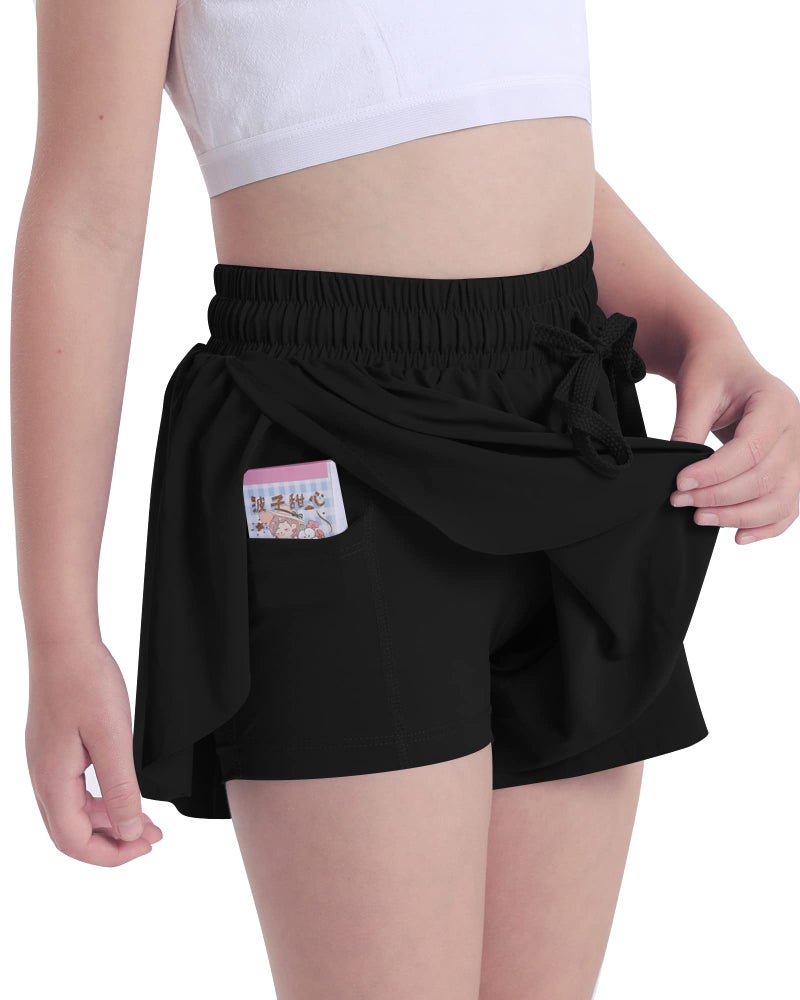 KEREDA Girls Flowy Shorts,Butterfly Shorts for Teen Girls with Spandex Liner 2-in-1 for Running,Gym,Athletic,Workout 1 Pack 5-6Y (Black) - Image 2
