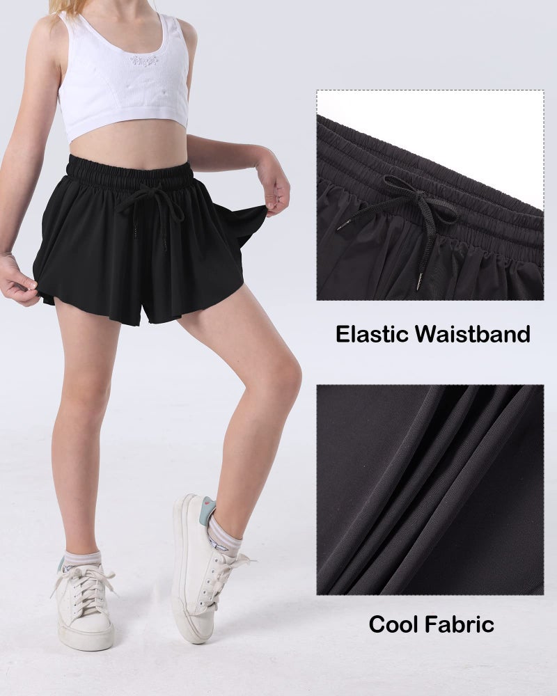 KEREDA Girls Flowy Shorts,Butterfly Shorts for Teen Girls with Spandex Liner 2-in-1 for Running,Gym,Athletic,Workout 1 Pack 5-6Y (Black) - Image 3